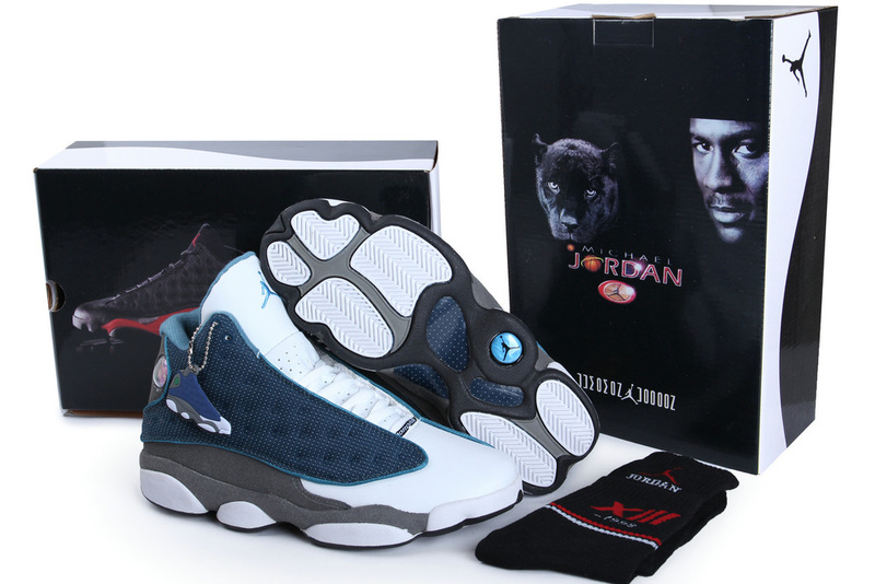 2013 Hardcover Air Jordan 13 White Blue Grey Shoes - Click Image to Close