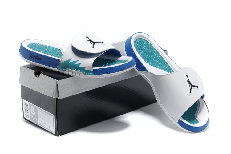 2013 Jordan Hydro 5 White Blue Slipper - Click Image to Close