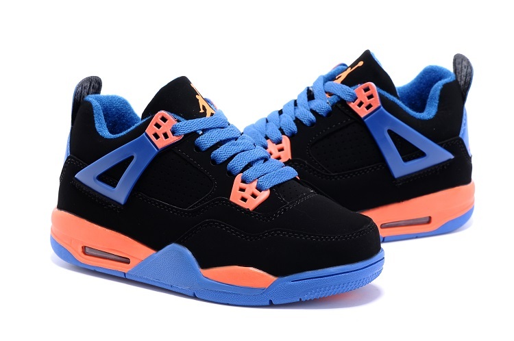 2015 Kids Air Jordan 4 Retro Black Blue Orange Shoes