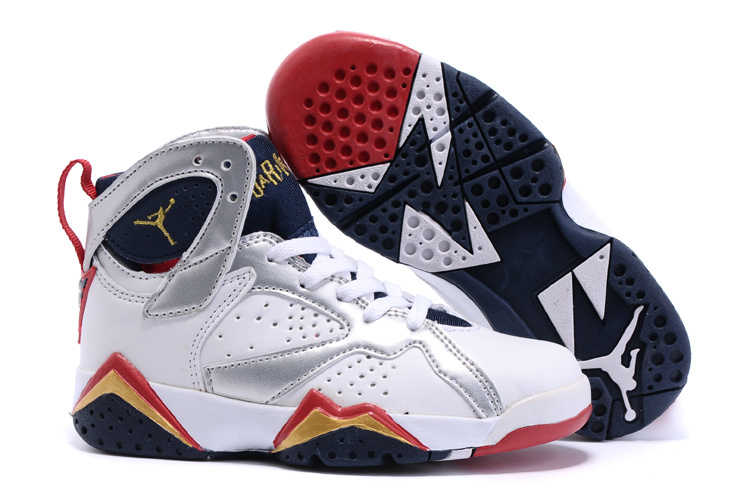 2015 Kids Air Jordan 7 Retro White Silver Red Black Shoes