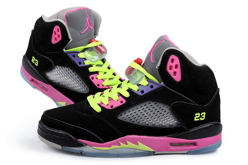 New Arrival Jordan 5 Black Fluorescent Green Peach Shoes For Women - Click Image to Close