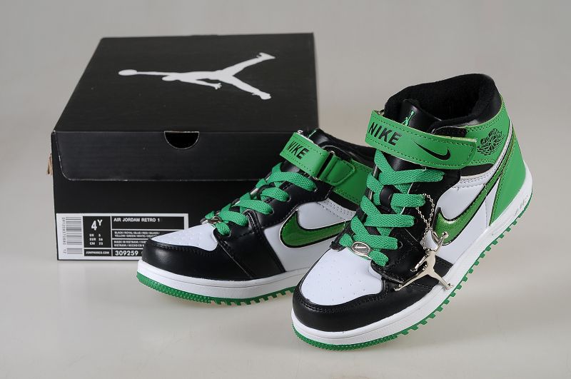 New Arrival Jordan 1 Hardback Black White Green For Kids - Click Image to Close