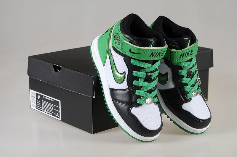 New Arrival Jordan 1 Hardback Black White Green For Kids - Click Image to Close