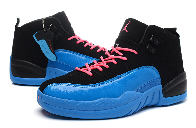 Air Jordan 12 Black Gamma Blue Pink For Women - Click Image to Close