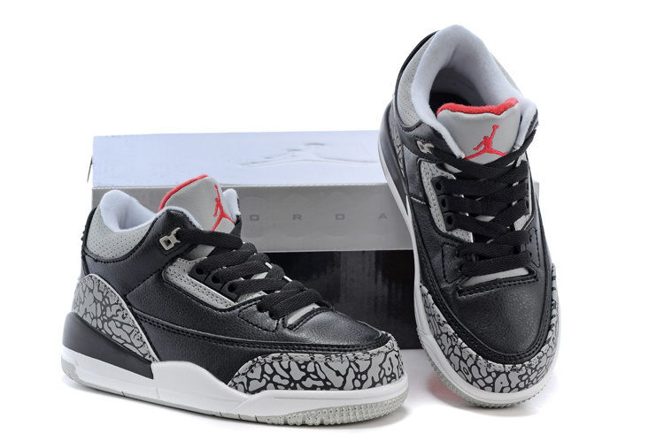 Air Jordan 3 Black Cement Grey Red Shoes For Kids - Click Image to Close