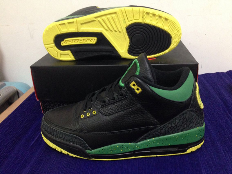 Air Jordan 3 Oregon Ducks The Big O Black Green Yellow Shoes - Click Image to Close