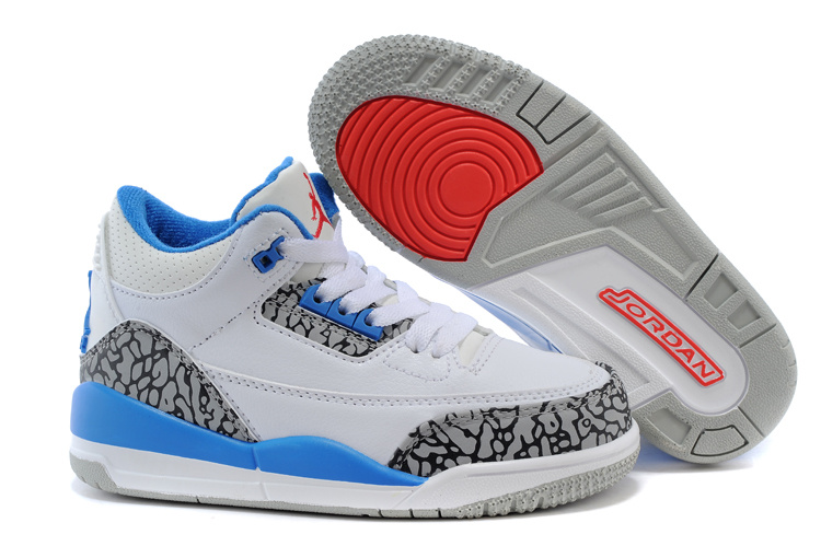 Air Jordan 3 White Cement Grey Blue Shoes For Kids - Click Image to Close