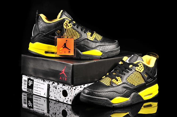 Air Jordan 4 Fish Pattern Black Yellow Shoes - Click Image to Close