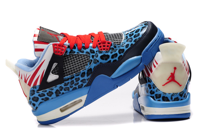 Authentic Air Jordan 4 Leopard Print Blue Black White Red Shine Shoes - Click Image to Close