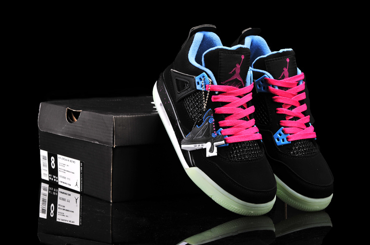 New Arrival Jordan 4 Midnigh Black Pink Blue For Women - Click Image to Close