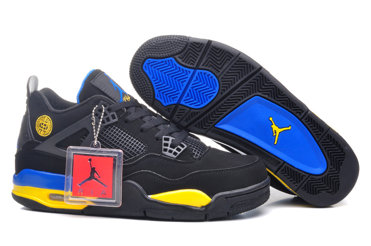 Air Jordan 4 Retro Black Blue Yellow Lovers Shoes - Click Image to Close