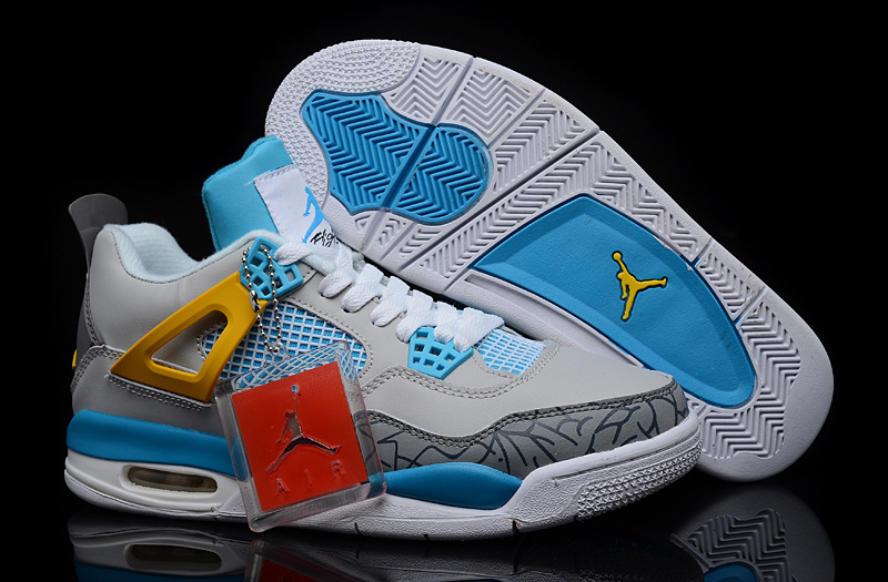 2015 Air Jordan 4 Retro Grey Light Blue Yellow Shoes - Click Image to Close