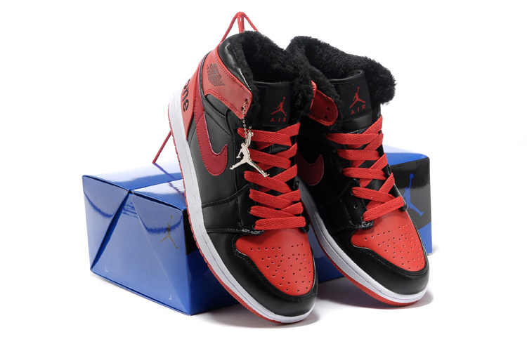 Hardcover Air Jordan 1 Wool Black Red White Shoes - Click Image to Close