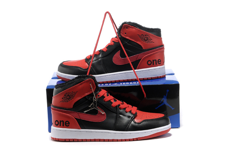 Hardcover Air Jordan 1 Wool Black Red White Shoes - Click Image to Close
