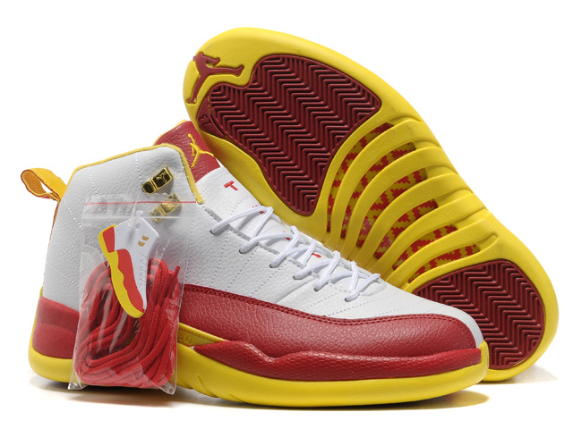 Hardcover Air Jordan 12 White Red Yellow Shoes - Click Image to Close