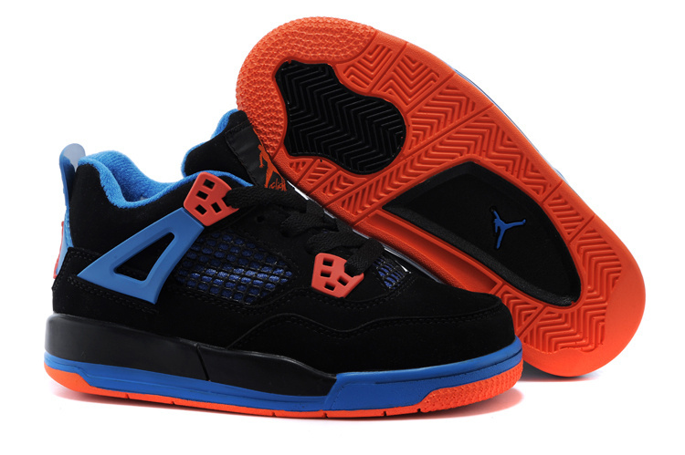 Kids Air Jordan 4 Black Blue Orange Shoes