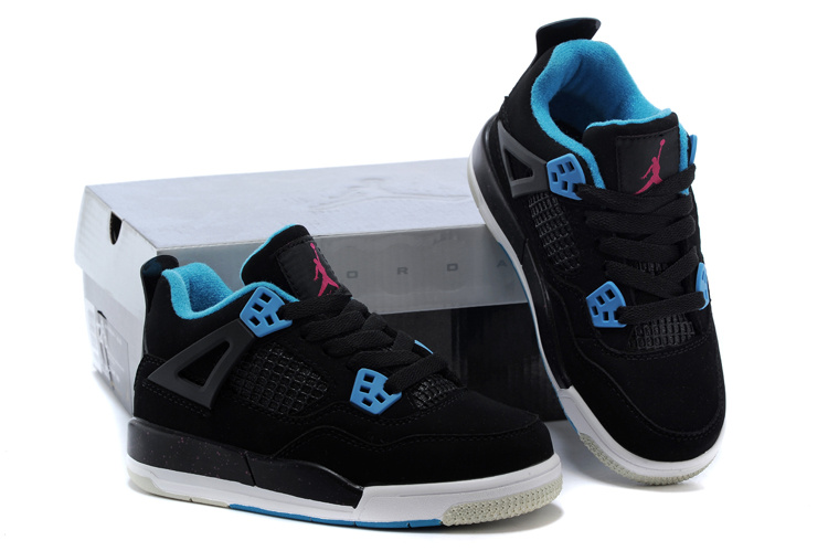 Kids Air Jordan 4 Black Blue Shoes