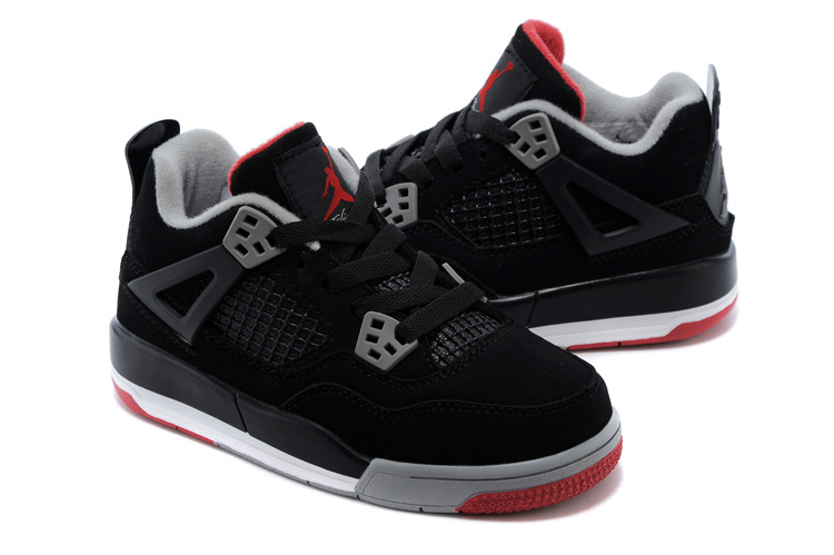 Kids Air Jordan 4 Black Grey Red Shoes