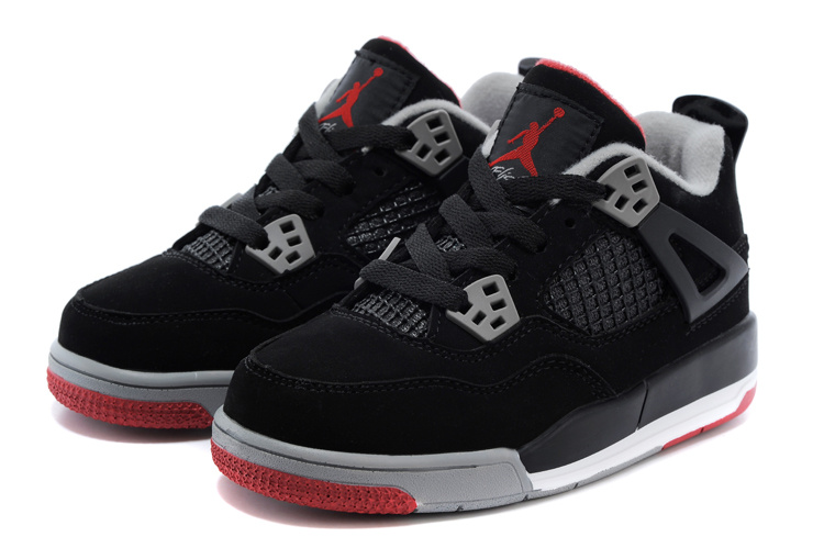 Kids Air Jordan 4 Black Red Grey Shoes