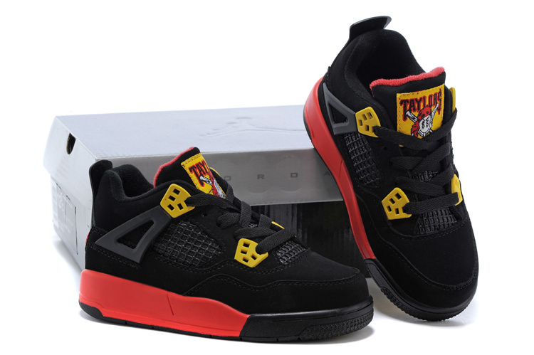 Kids Air Jordan 4 Black Yellow Red Shoes