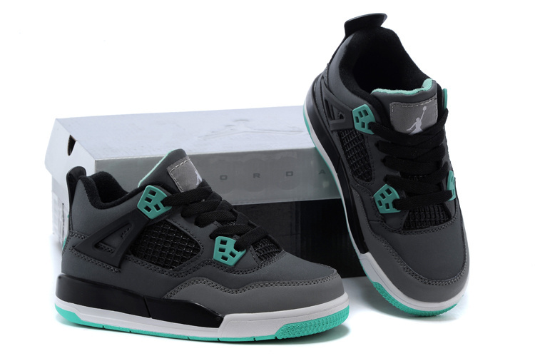 Kids Air Jordan 4 Grey Black Green Shoes