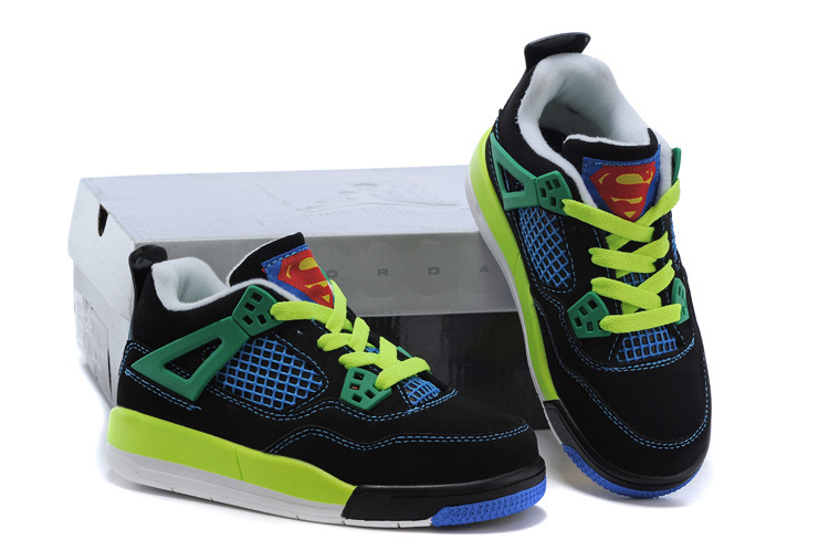 Kids Air Jordan 4 Superman Black Fluorscent Green Blue Shoes - Click Image to Close