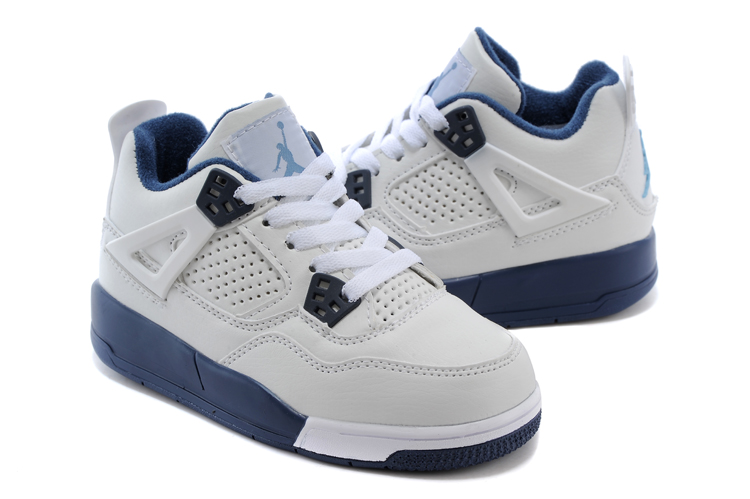 Kids Air Jordan 4 White Dark Blue Shoes - Click Image to Close