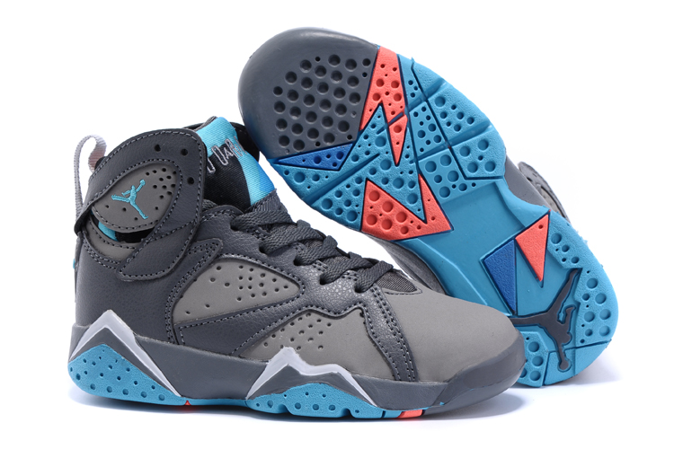 Kids Air Jordan 7 Grey Black Blue Shoes