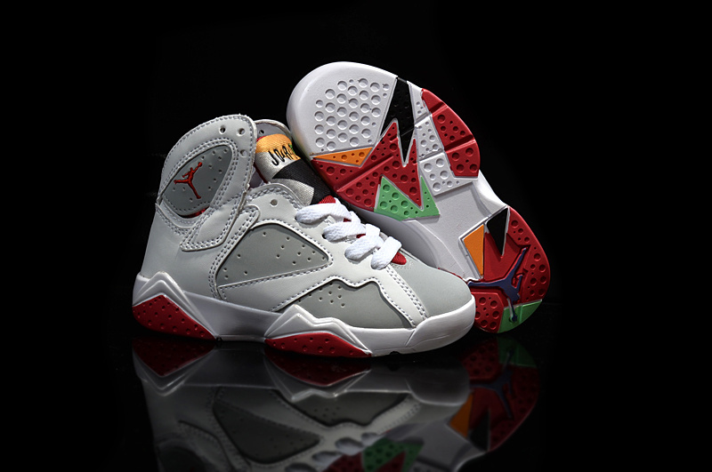 Kids Air Jordan 7 Retro White Grey Red Shoes