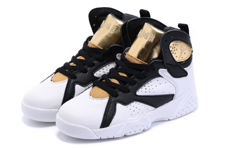 Kids Air Jordan 7 White Black Gloden Shoes