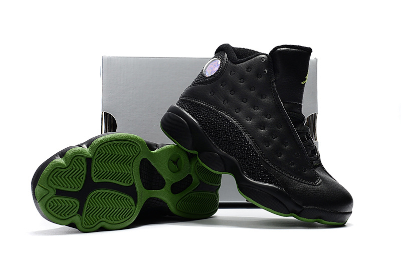 Kids Jordan 13 Black Green Shoes