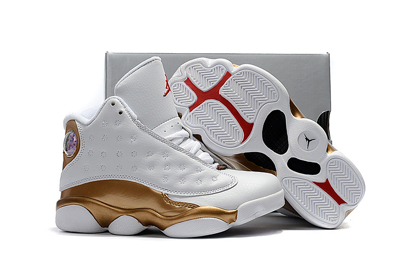 Kids Jordan 13 White Gold Red Shoes