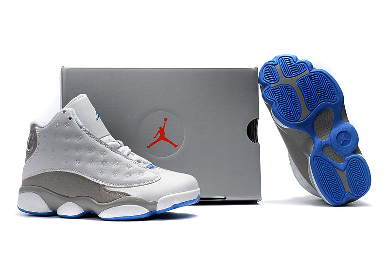 Kids Jordan 13 White Grey Blue Shoes - Click Image to Close