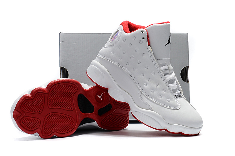 Kids Jordan 13 White Grey Red Shoes