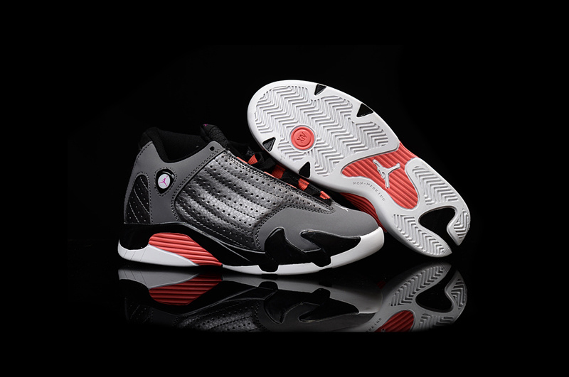 Kids Jordan 14 Grey Black Red Shoes