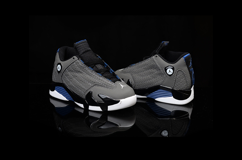 Kids Jordan 14 Grey Black Royal Shoes - Click Image to Close