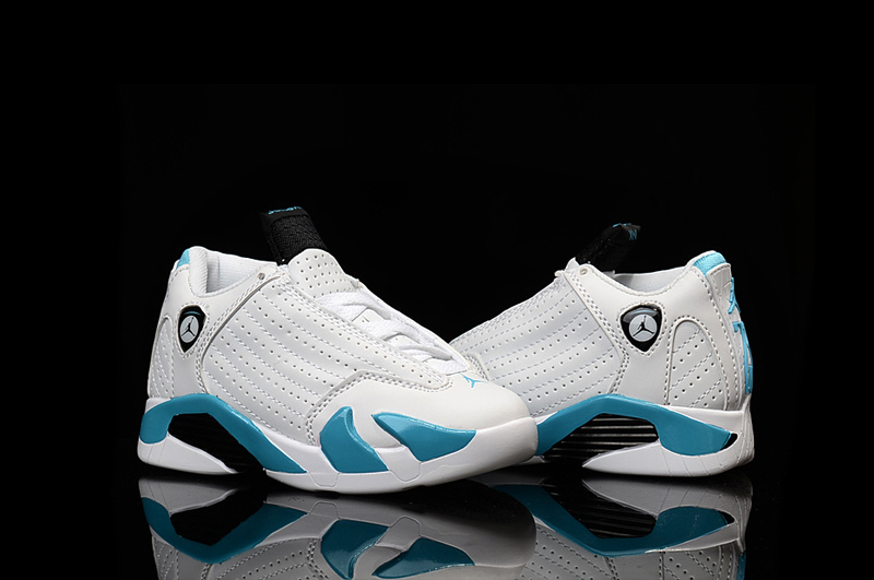 Kids Jordan 14 White Jade Black Shoes