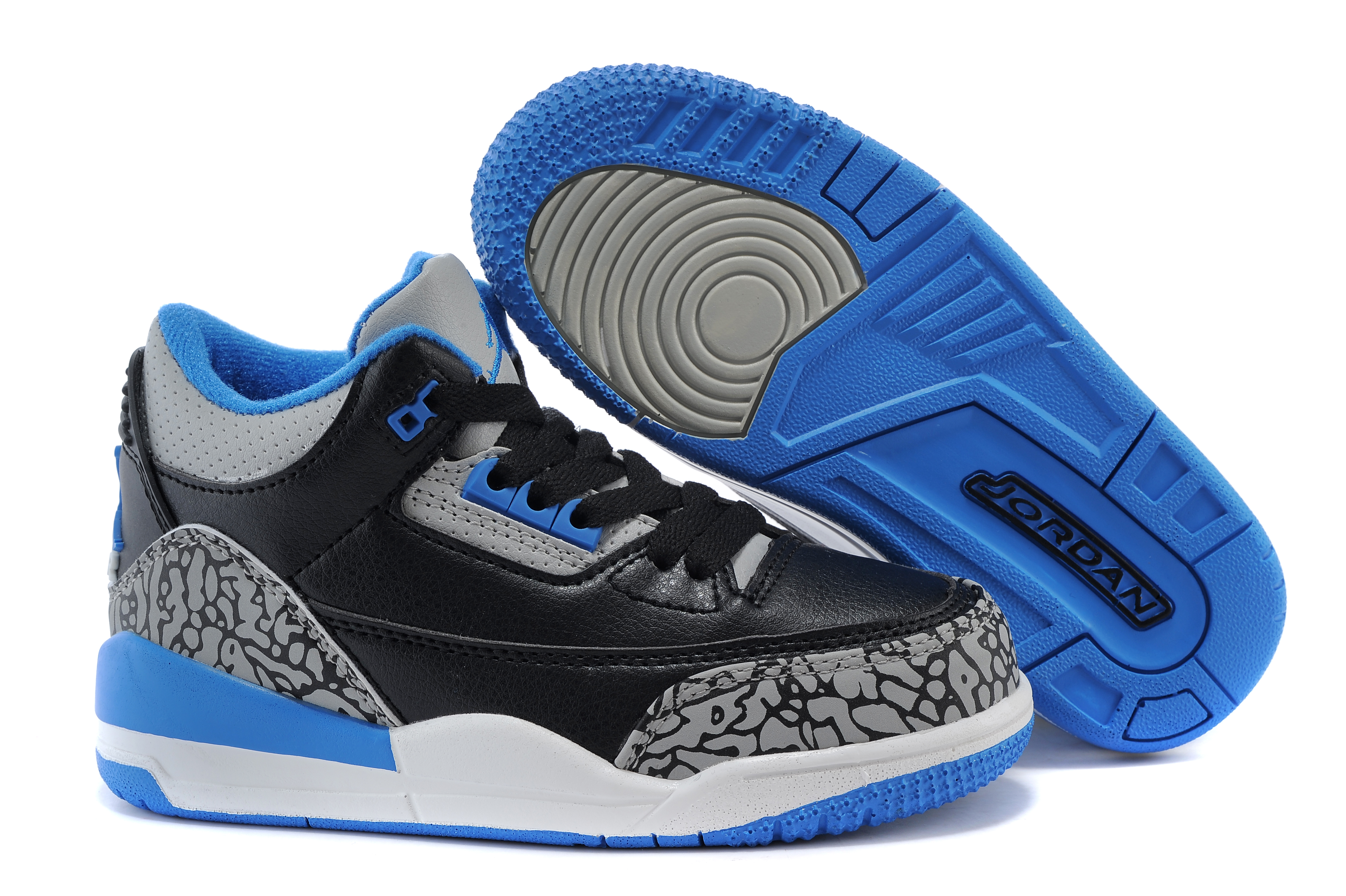 Kids Jordan 3 Black Blue Elephant Print Basketball Shoes