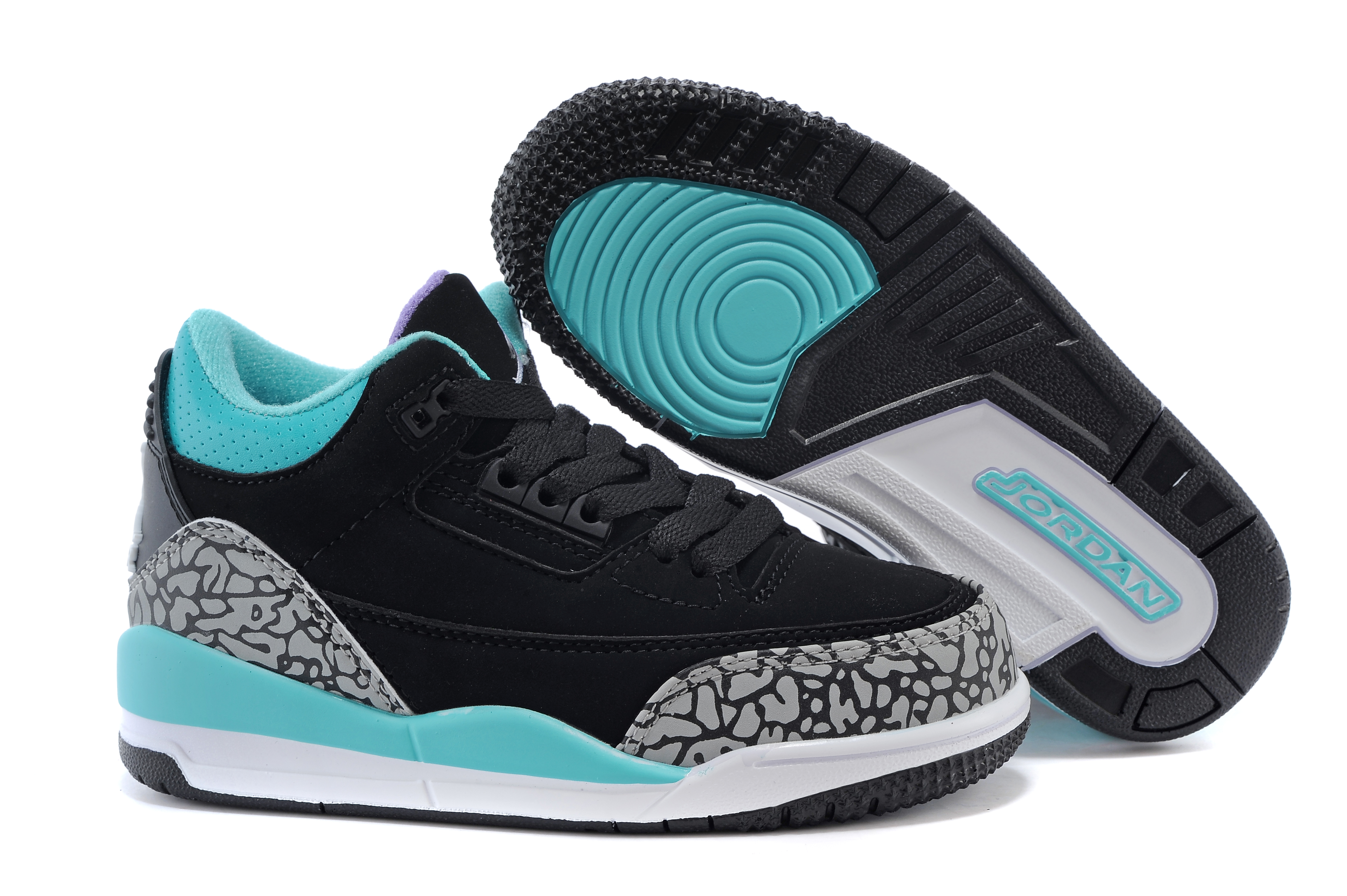 Kids Jordan 3 Black Sky Blue Elephant Print Basketball Shoes