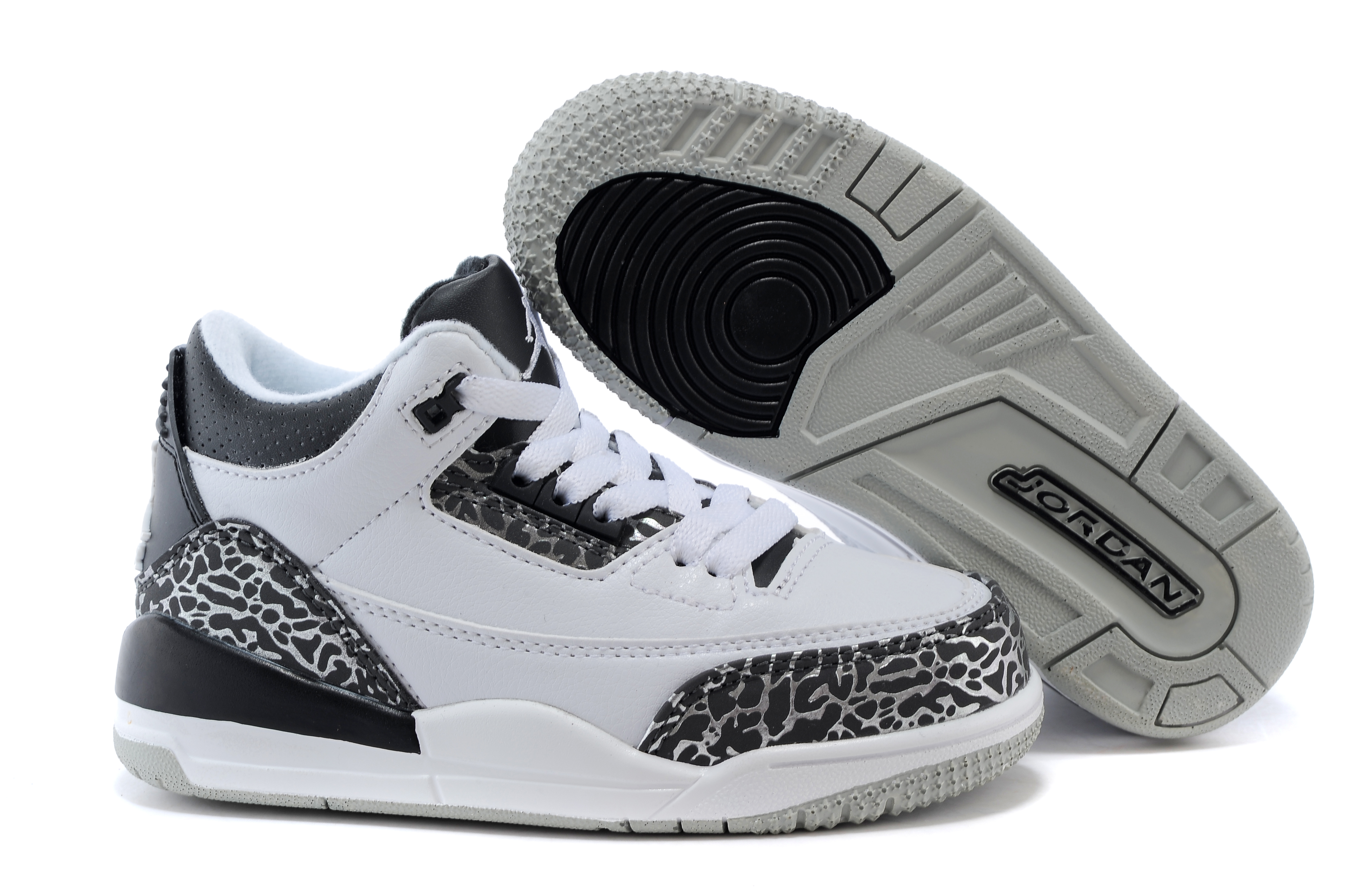 Kids Jordan 3 White Black Grey Elephant Print Basketball Shoes