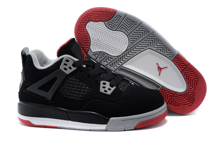 Kids Jordan 4 Black Grey Red Basketball Shoes