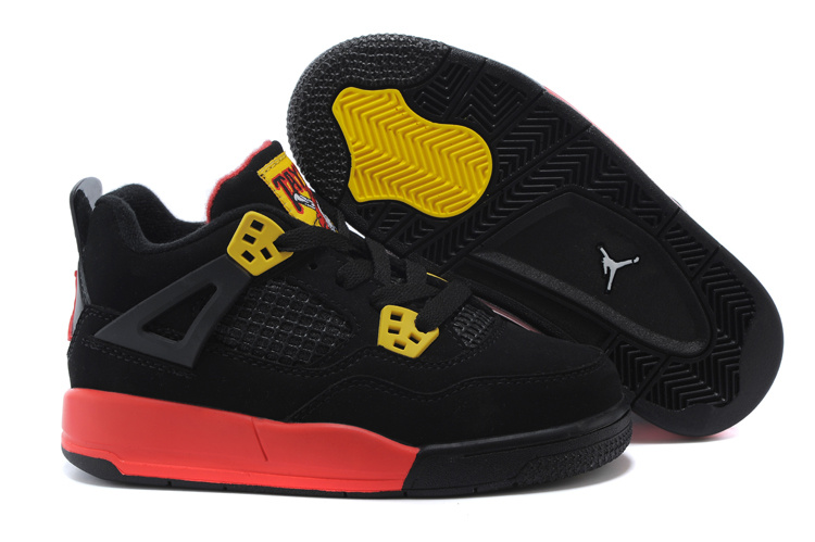 Kids Jordan 4 Black Yellow Red Basketball Shoes - Click Image to Close