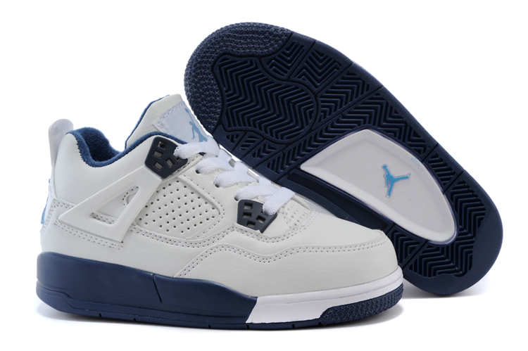 Kids Jordan 4 White Dark Blue Basketball Shoes