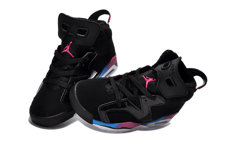 Kids Jordan 6 Black Pink Blue Basketball Shoes