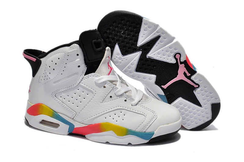 Kids Jordan 6 White Rainbow Basketball Shoes