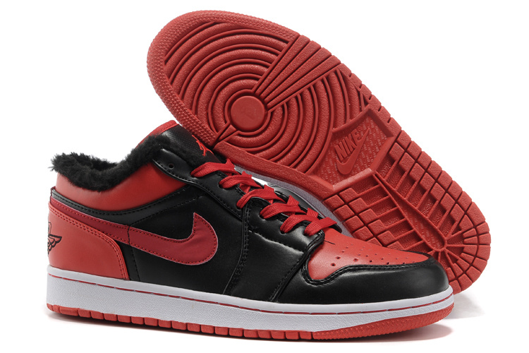 Low Air Jordan Retro 1 Wool Black Red White Shoes - Click Image to Close