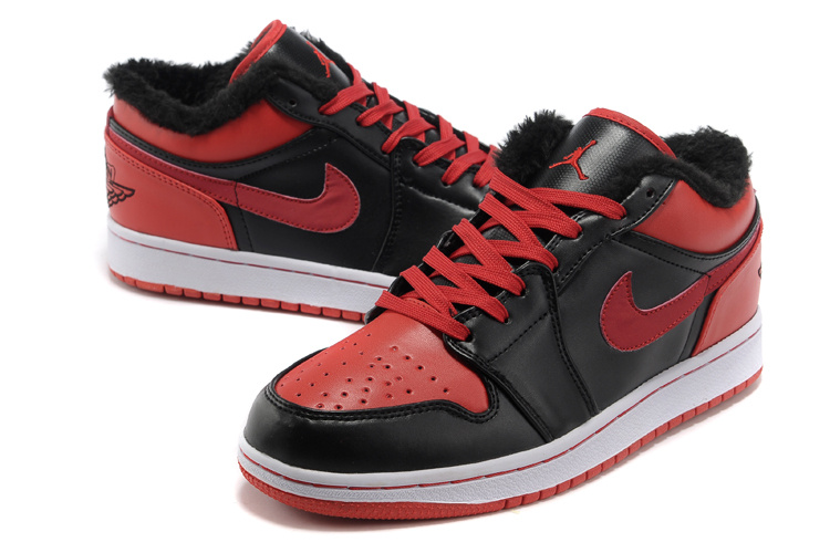Low Air Jordan Retro 1 Wool Black Red White Shoes - Click Image to Close