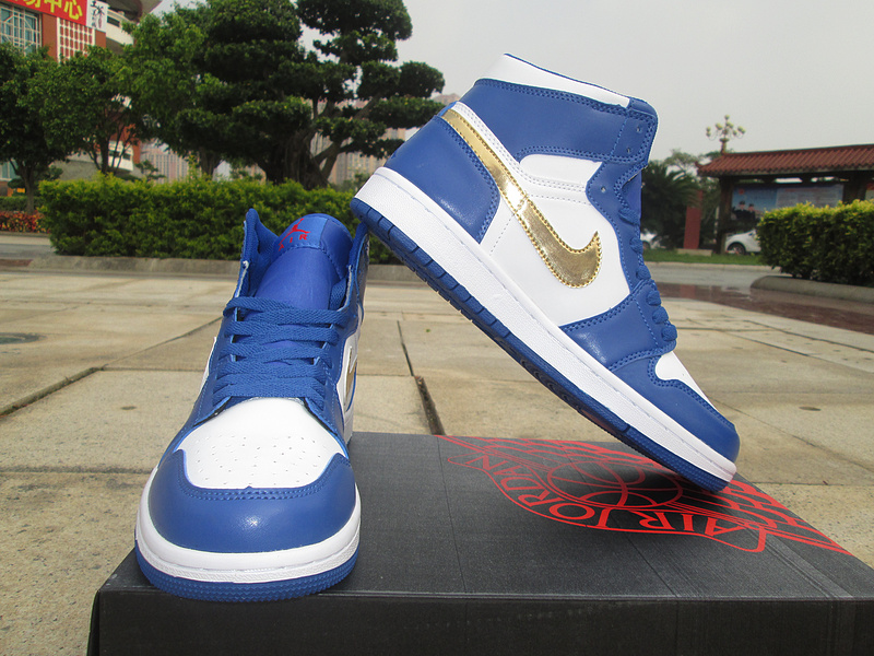 New Air Jordan 1 Olympic Gold Swoosh Blue White Shoes - Click Image to Close