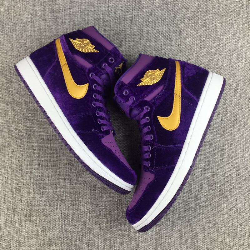 New Women Air Jordan 1 Velvet Purple Yellow Shoes