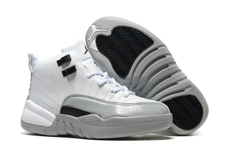 New Air Jordan 12 Retro White Grey Black Shoes For Kids